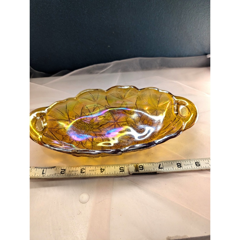 Indiana Glass Marigold Amber Carnival Glass Sunflower Relish Tray Dish
